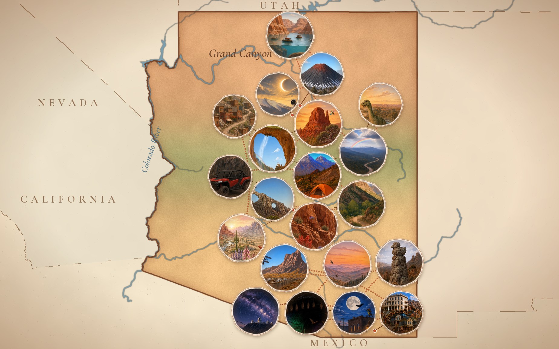 Painted map of Arizona with scenes from the four Lifelong Explorers books