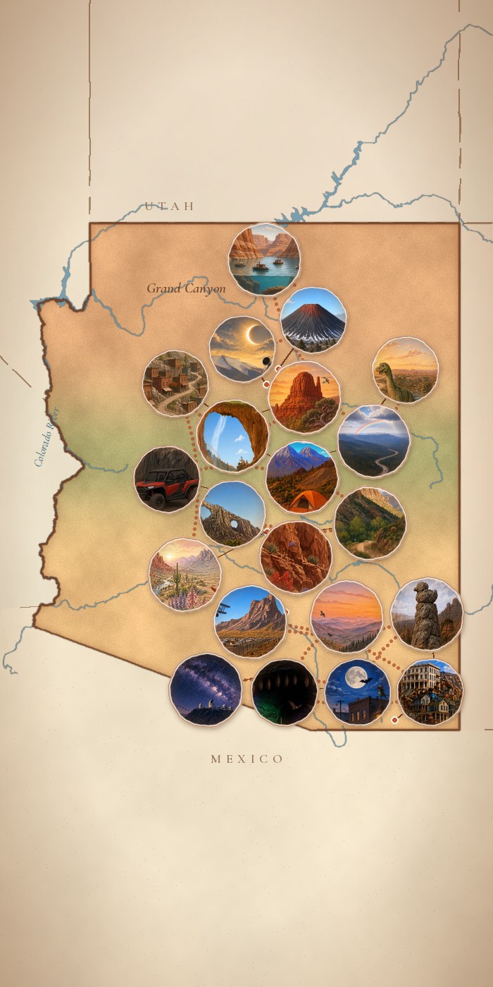 Painted map of Arizona with numbered pins for every stop in the four books