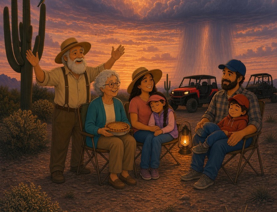 The Lifelong Explorers family gathered around a lantern at dusk