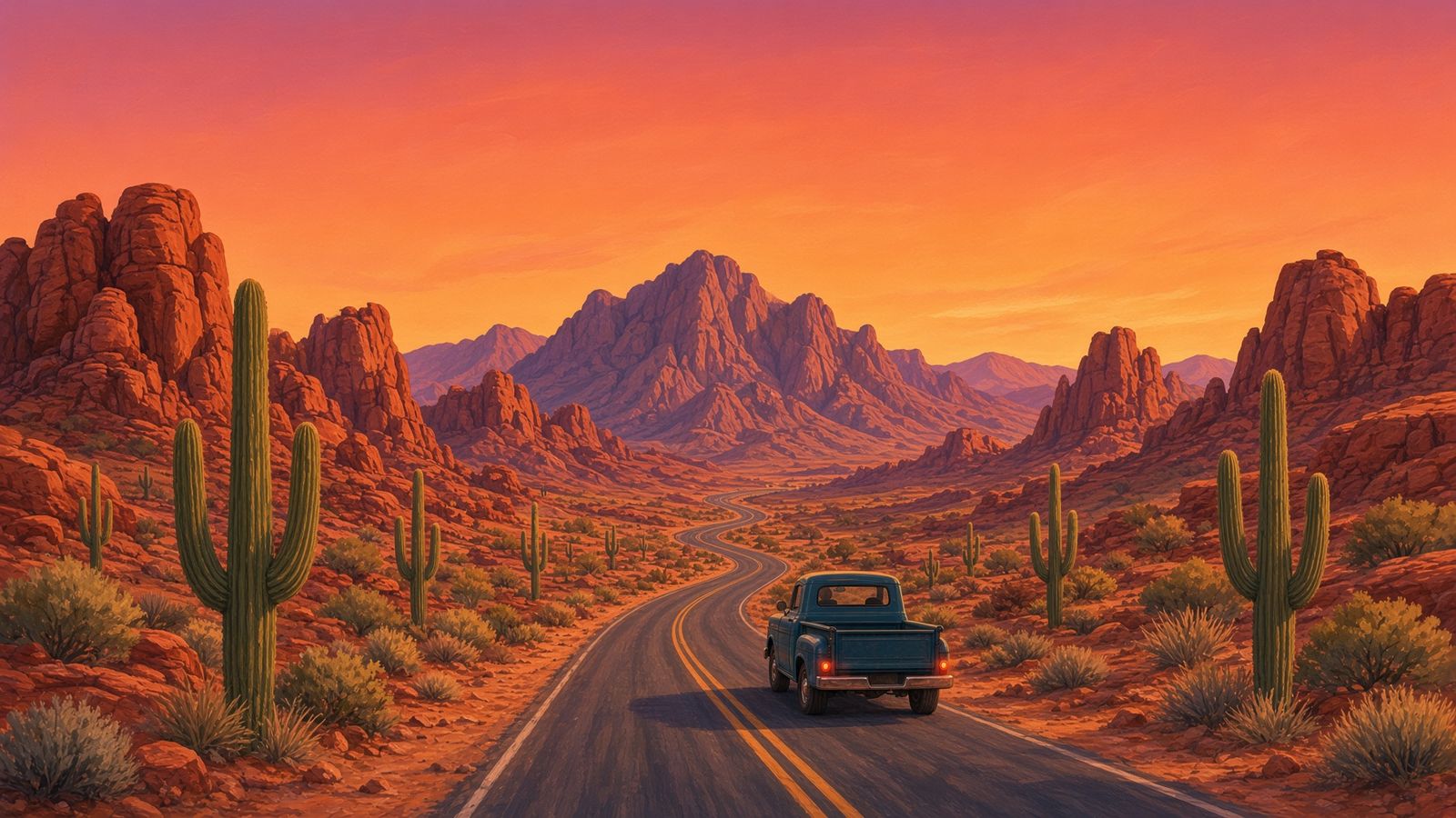 A painted desert highway stretching toward Arizona mountains