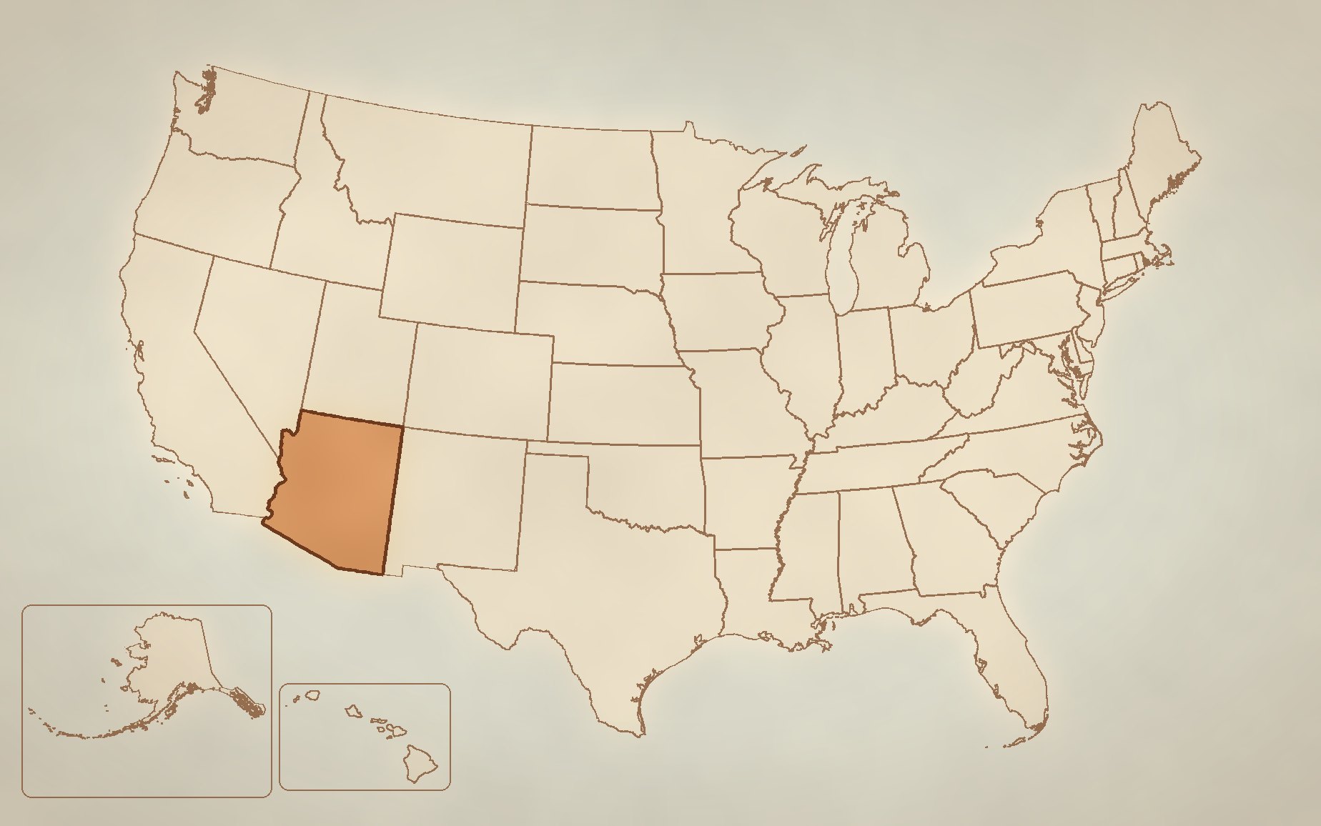 Painted map of the United States. Arizona is highlighted.